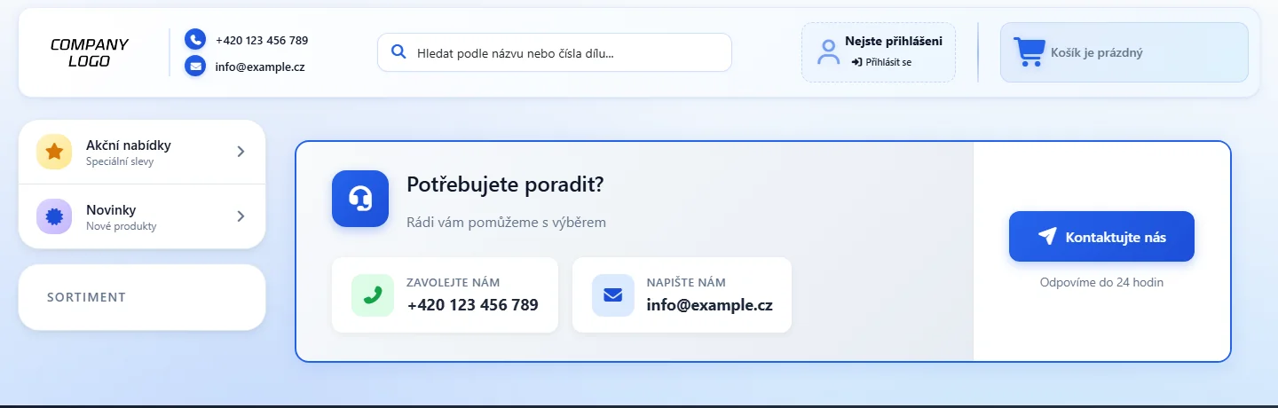 Ukázkový obchod na eshop.nks-hub.cz s výchozí šablonou: místo loga text COMPANY LOGO, smyšlený telefon a e-mail, vyhledávání podle názvu nebo čísla dílu, odkazy Akční nabídky a Novinky a košík