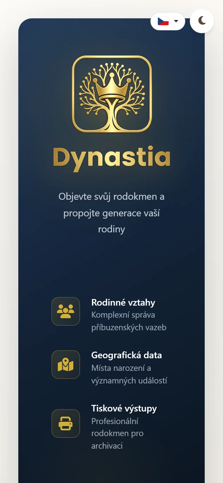 Přihlašovací stránka Dynastie v telefonu: logo se stromem a korunou, věta Objevte svůj rodokmen a propojte generace vaší rodiny a tři vlastnosti Rodinné vztahy, Geografická data a Tiskové výstupy