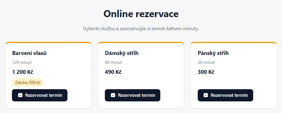 Stránka Online rezervace ukázkového kadeřnického salonu se třemi službami: Barvení vlasů 120 minut za 1 200 Kč se zálohou 300 Kč, Dámský střih 60 minut za 490 Kč a Pánský střih 30 minut za 300 Kč
