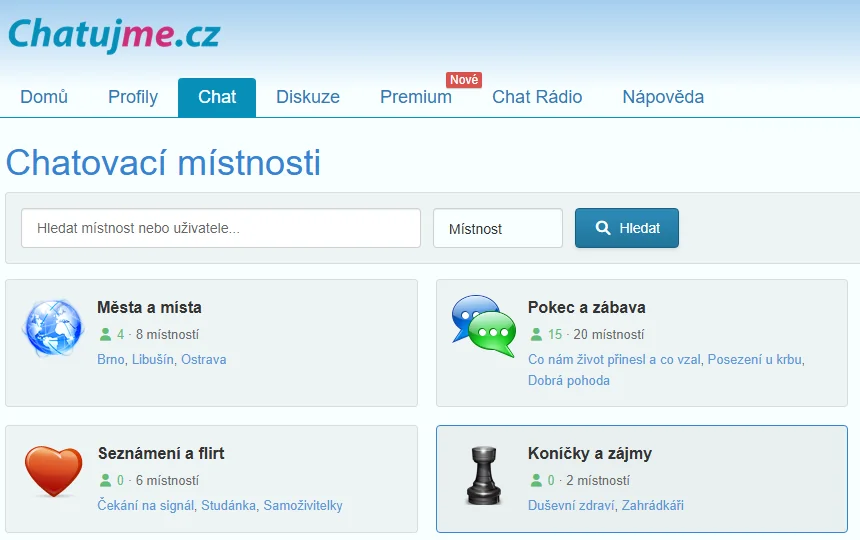 Stránka Chatovací místnosti na Chatujme.cz: vyhledávací pole a dlaždice kategorií Města a místa, Pokec a zábava, Seznámení a flirt a Koníčky a zájmy s počtem místností