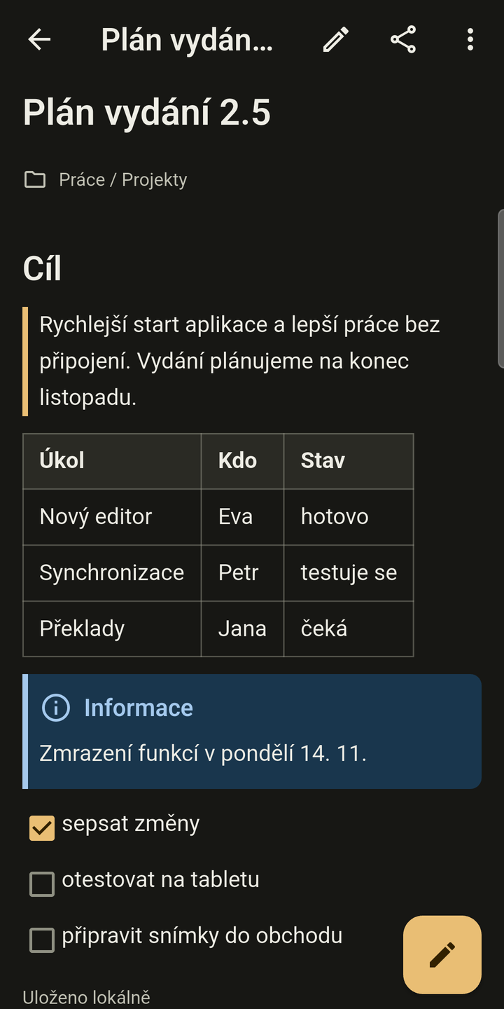 Tatáž poznámka v náhledu: vykreslený nadpis, citace, tabulka s úkoly, modrý blok Informace a zaškrtávací políčka