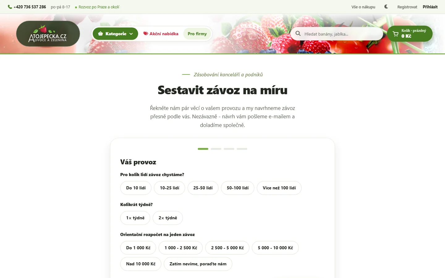 Formulář Sestavit závoz na míru v e-shopu atojepecka.cz: první ze čtyř kroků s otázkami na počet lidí, frekvenci závozu a orientační rozpočet na jeden závoz