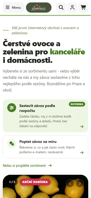 Úvodní stránka obchodu na telefonu s nabídkou závozu podle rozpočtu a poptávkou