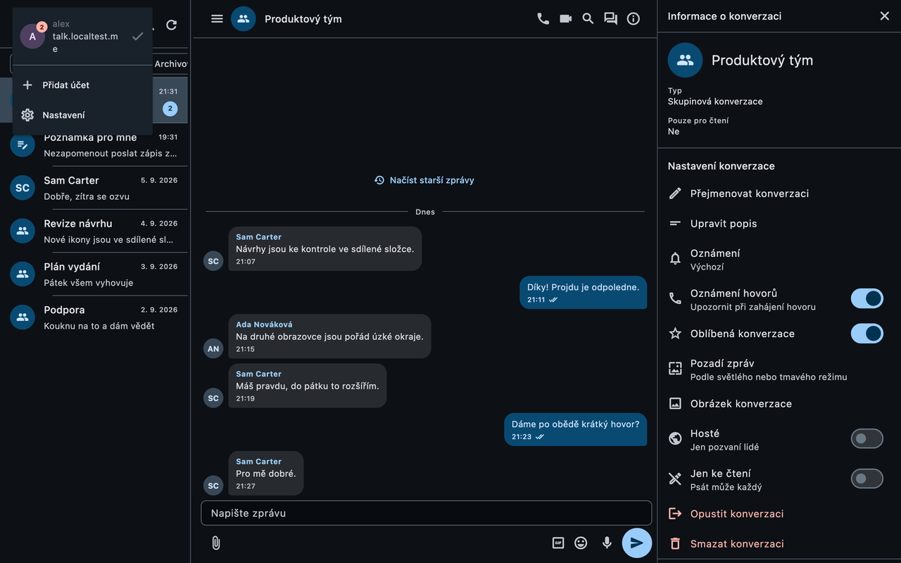 Desktopová verze s otevřeným menu účtu (Přidat účet, Nastavení) a vpravo panelem Informace o konverzaci s přepínači oznámení hovorů, oblíbené konverzace, hostů a režimu jen ke čtení