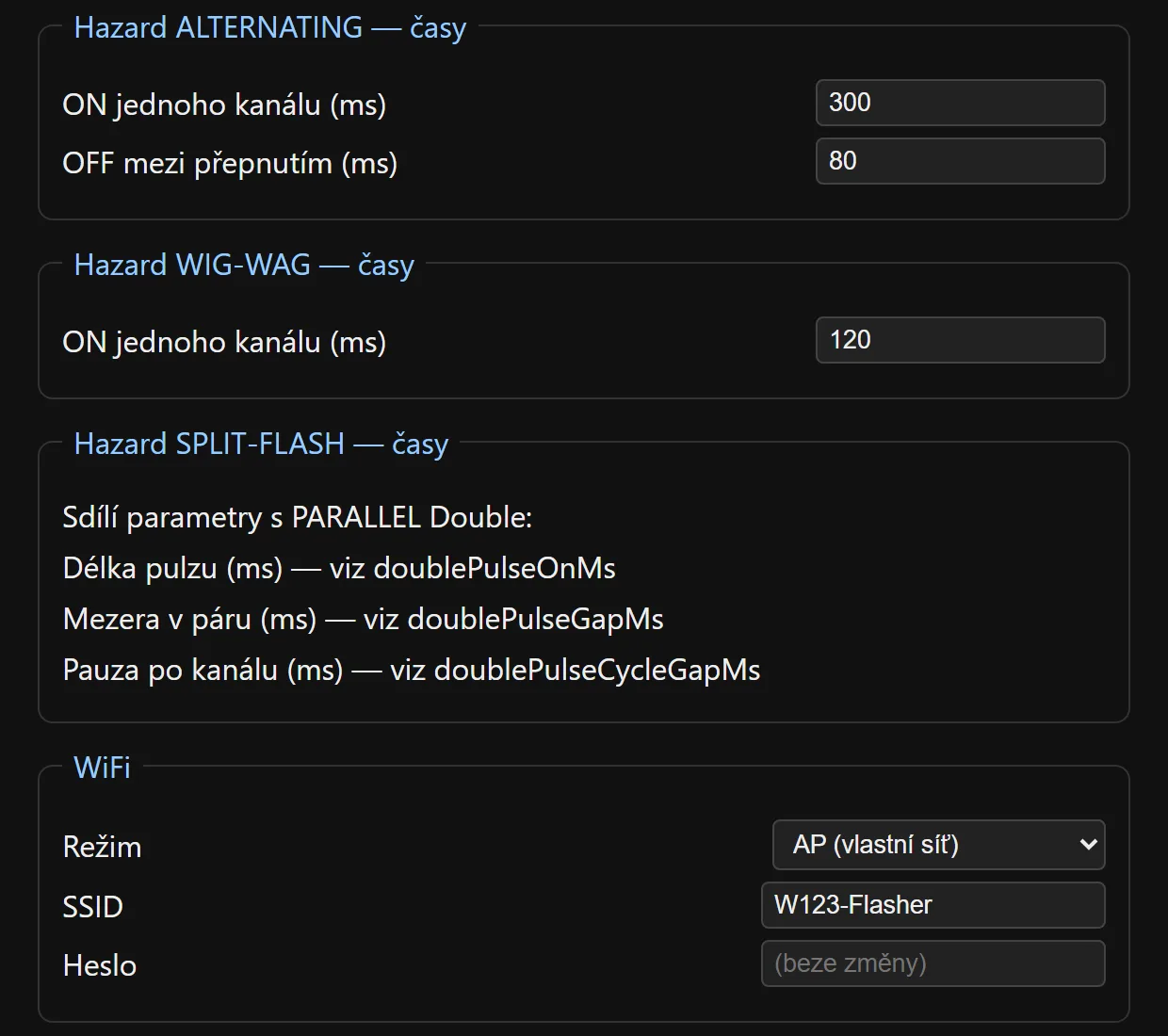 Webové rozhraní W123 Flasher s časy vzorů výstražných světel a nastavením Wi-Fi