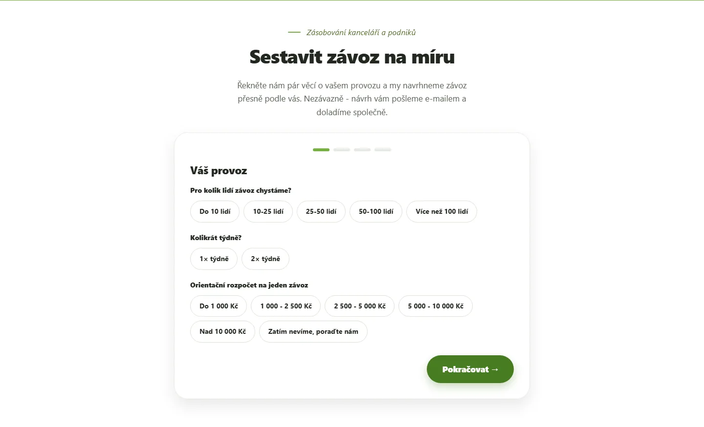 První krok průvodce poptávkou závozu s volbou počtu lidí, frekvence a rozpočtu