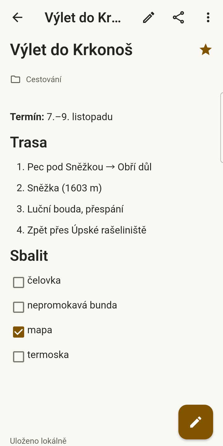 Poznámka Výlet do Krkonoš ve světlém režimu: termín, číslovaná trasa a seznam věcí ke sbalení se zaškrtávacími políčky