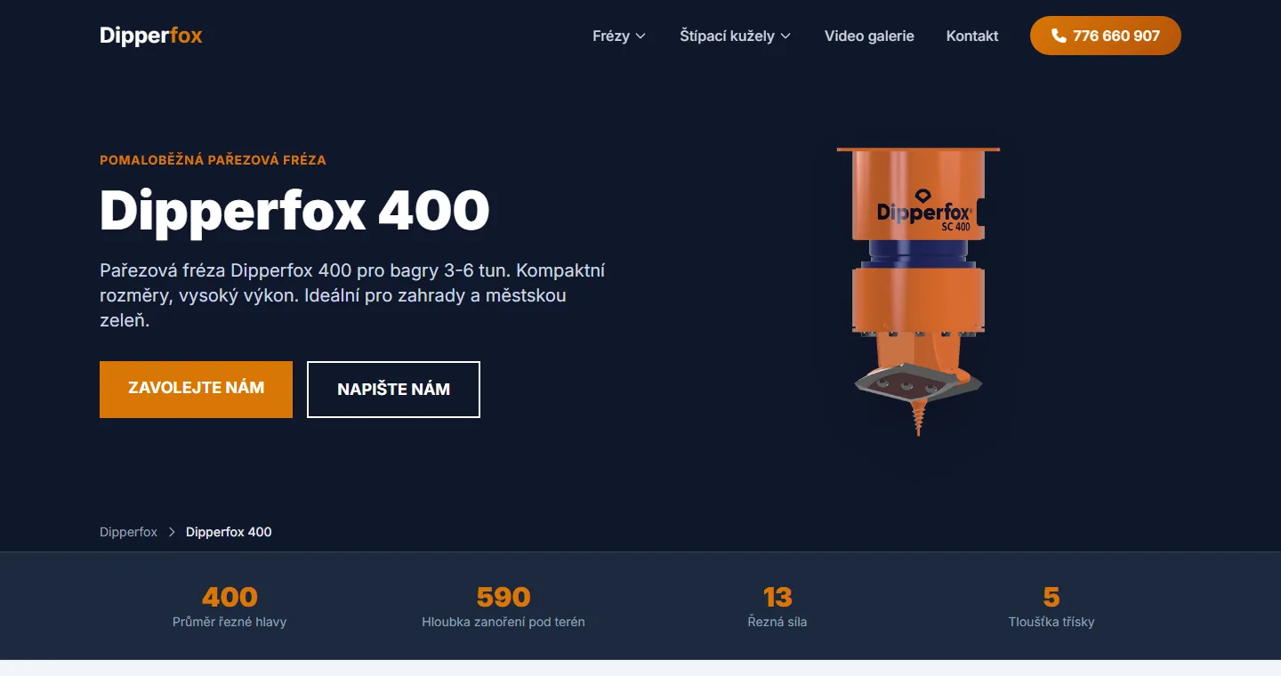 Stránka modelu Dipperfox 400 s fotografií frézy a pruhem hlavních parametrů