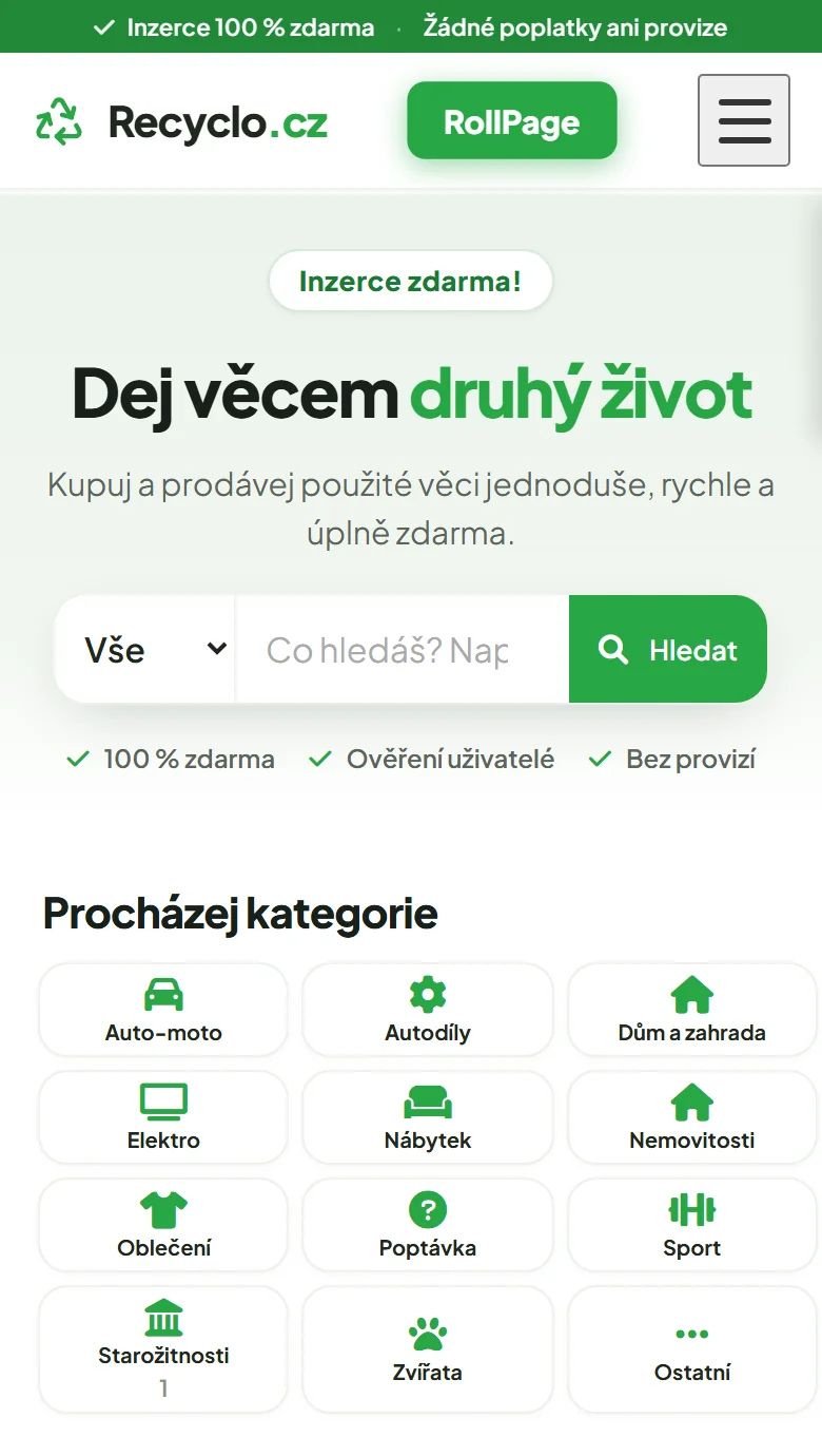 Úvodní stránka Recyclo.cz v telefonu: tlačítko RollPage, nadpis Dej věcem druhý život, vyhledávání s výběrem kategorie a dlaždice dvanácti kategorií
