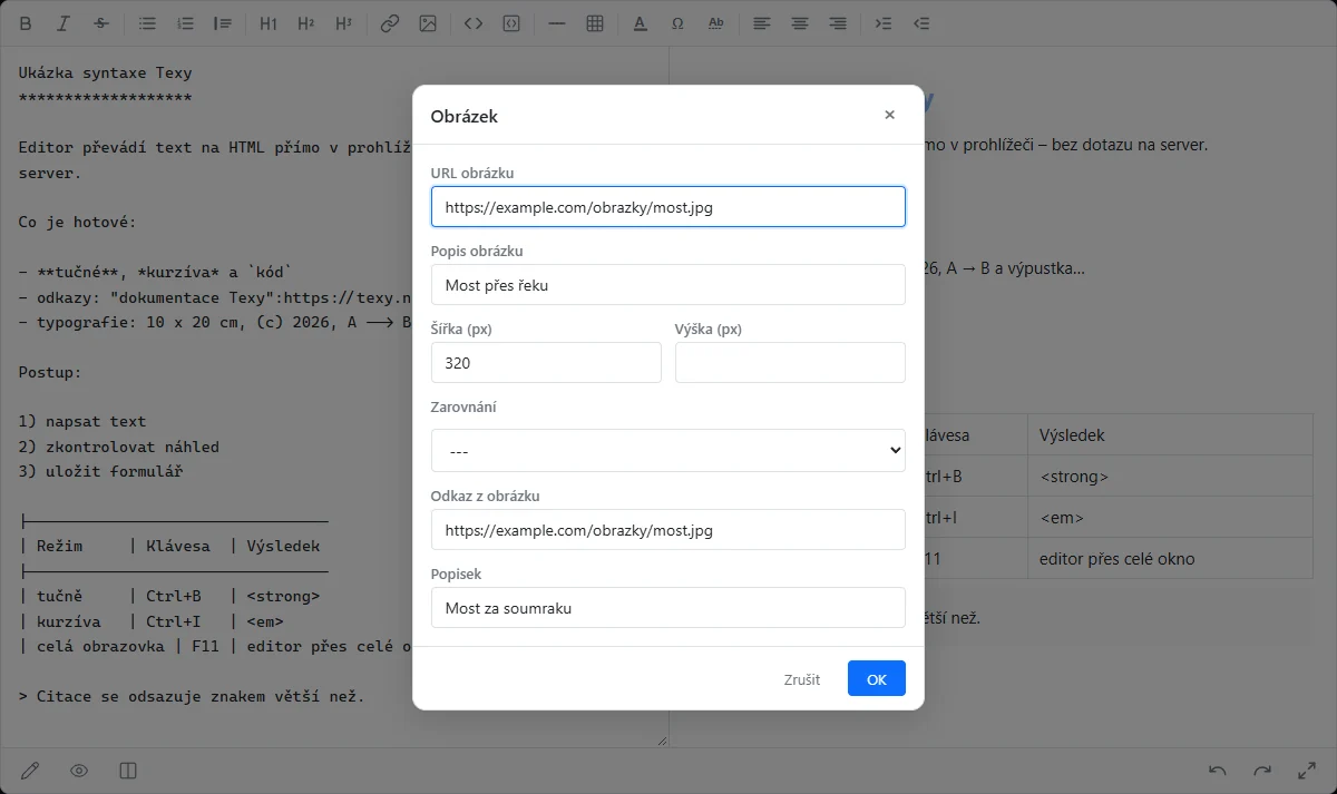 Dialog pro vložení obrázku s poli pro adresu, popis, šířku, výšku, zarovnání, odkaz a popisek