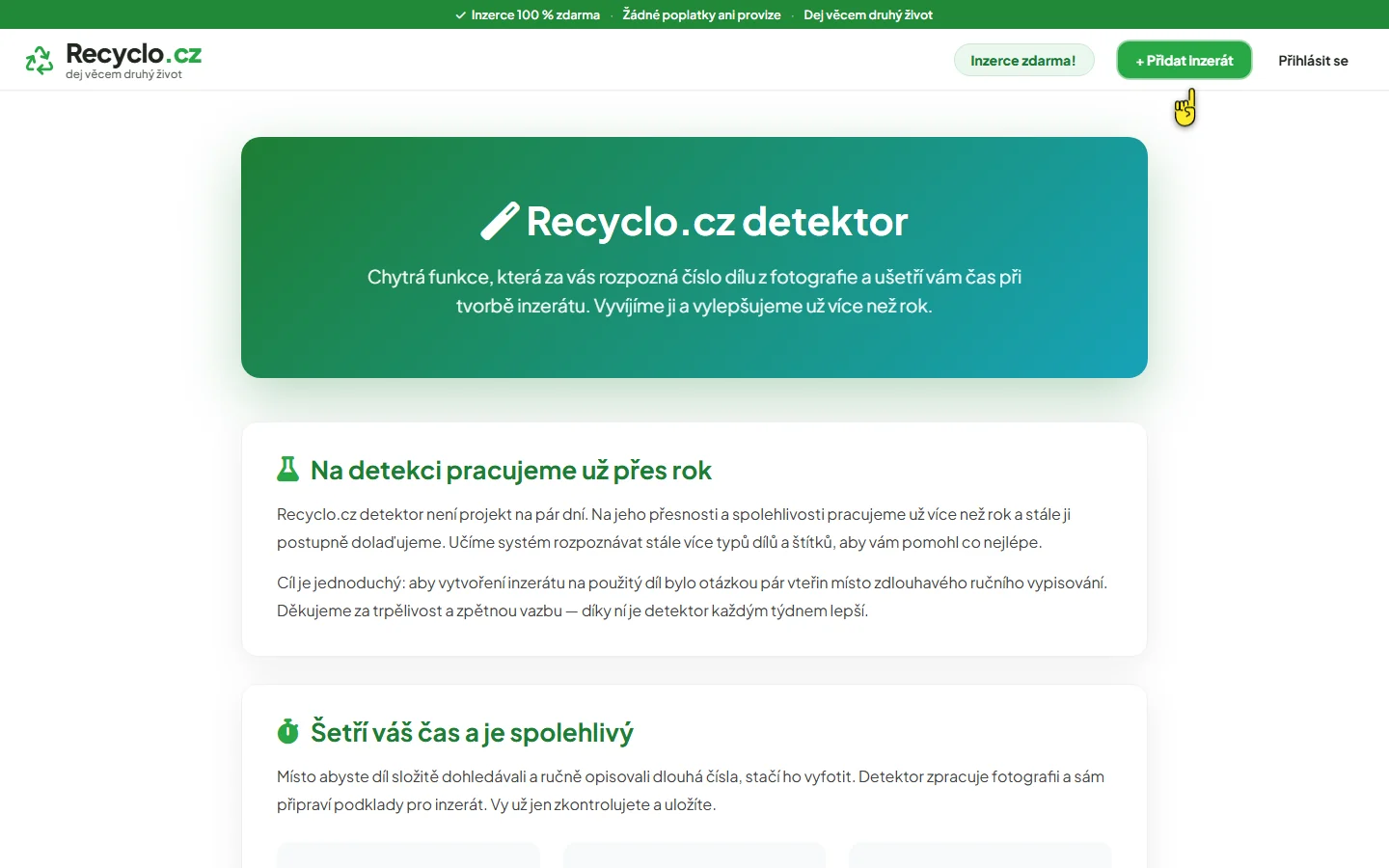 Stránka Recyclo.cz detektor: zelený nadpis s popisem funkce, která z fotografie rozpozná číslo dílu, a pod ním oddíl Na detekci pracujeme už přes rok